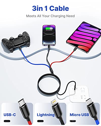 3 in 1 Charging Cable, Multi Charging Cable 2Pack 1.2M Multi Charger Cable Fast Charging with Type-C, Micro USB and iPhone Port, Compatible with iPhone 14 13 Galaxy S20 S9 & Micro USB