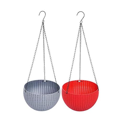 Antier 2 Pcs Rattan Woven Patternwith Chain Hanging Baskets Plastic Scindapsus Flower Pot Holder Own Watering Plant in Multicolor