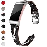 Maledan Bands Compatible for Fitbit Charge 3 and Charge 3 SE Fitness Activity Tracker, Slim Genuine Leather Band Replacement Accessories Strap for Charge3 Special Edition, Small, Black/White Floral