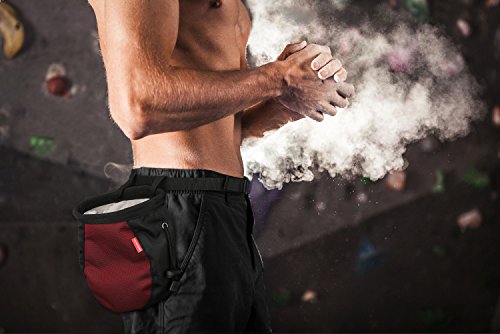 Rhino Valley Chalk Bag, Rock Climbing Chalk Bag No Leak Strawstring Bag with Adjustable Belt and Carabiner for Climbing, Gymnastics, Weight Lifting - Black & Red - Thumbnail 6