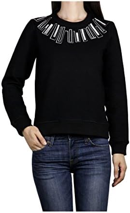 Premium Women's 'Pianist' Pattern Embroidered Designer Sweatshirt with Fleece Inside (Small, Black)