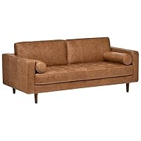 Rivet Aiden Tufted Mid-Century Modern Leather Bench Loveseat Couch Sofa, 74"W, Cognac