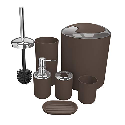 Bathroom Accessories Set 6 Pieces Plastic Bathroom Accessories Toothbrush Holder, Rinse Cup, Soap Dish, Hand Sanitizer Bottle, Waste Bin, Toilet Brush with Holder (Brown)