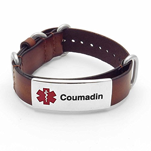 IDtagged Men's Brown Leather Coumadin Medical ID Bracelet Adjustable Length w/ Polished Silver Stainless Steel Tag