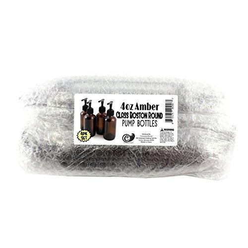 4oz Amber Glass Boston Round Pump Bottles (4 Pack); Great for Lotions, Liquid Soap, Aromatherapy and More