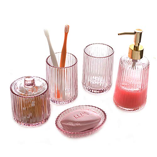 Longjet Bathroom Decor Glass Bathroom Accessories Set 5 Pcs Includes Soap Dispenser with Pump Soap Bar Dish Mason Jar Cotton Ball and Swab Qtip Holder Bathroom Tumbler Cup - Thumbnail 7