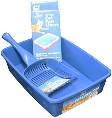 Cat Litter Pan Kit - 3 Piece Set Includes Pet Litter Box, Litter Scoop Shovel, and Pan Liners - Great Starter Pack for Cats and Kittens - Blue