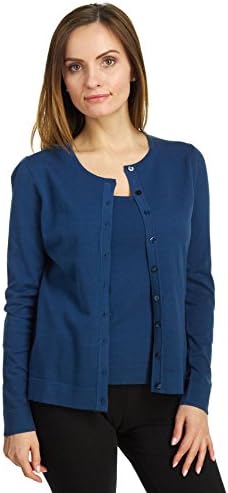 August Silk Women's Button Down Long Sleeve Crew Neck Silk Blend Cardigan, Indigo Dream, XLarge