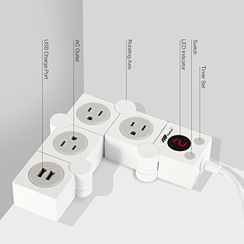 Power Strip Surge Protector with Timer - Patent Designed 3 Outlets Rotatable Power Socket with Dual USB Charge Ports(5V/2.1A) 1200W/10A FCC Certified 5ft Cord, White