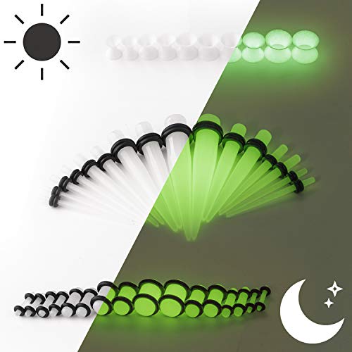 WBRWP 48pcs Ear Stretching Kit Set : Acrylic Taper and Plugs with Double O-Ring & Soft Silicone Tunnels Ear Expander Gauges Stretcher Body Piercing Jewelry 14g-00g (Glow in Dark)