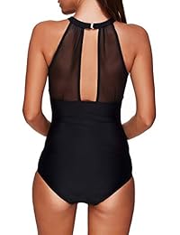 Molemsx damaes Una pieza Cuello alto Escote en V Malla Fruncido Monokini Traje de baño Traje de baño Control de barriga
