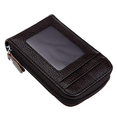 DKER Genuine Leather Mini Credit Card Case Organizer Compact Wallet with ID Window - Coffee