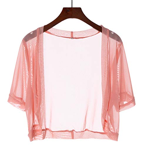 Summer Womens Tops Semi Sheer Short Sleeve Corp T-Shirt Chiffon Solid Basic Shrug Open Front Bolero Cardigan Tops Pink