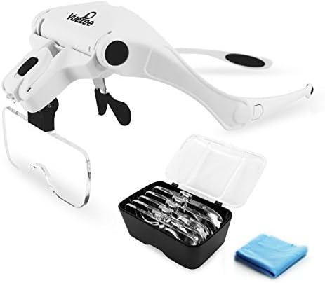 Vuezee LED Head Magnifier 1X - 3.5X Magnifying Visor Hands Free Lighted Headband with 5 Detachable Lenses