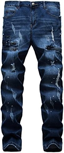 Men's Ripped Straight Fit Stretch Jeans (02 MidBlue W32)