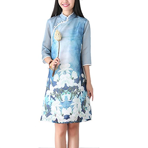 BellyAnna Tea Length Cotton Lotus Improved Qipao Dress Daily Cheongsam