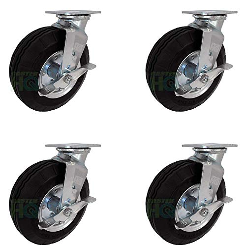 8" x 2-3/4" Swivel Plate Caster with Brakes - Flat Free - No Flat Pneumatic Wheel, 1,000 lb Capacity Set of 4 - CasterHQ Brand - Thumbnail 2
