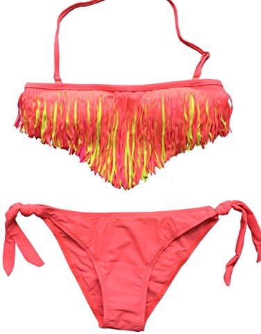 ®MAKZ Reflective Fluorescent 3-Layer Tassel Bikini Bathing Suit for Girls 6-16 Yrs (14, Orange)