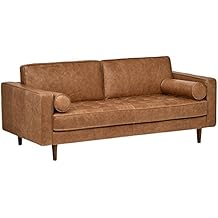 Rivet Aiden Tufted Mid-Century Leather Bench Seat Sofa, 74" W, Cognac