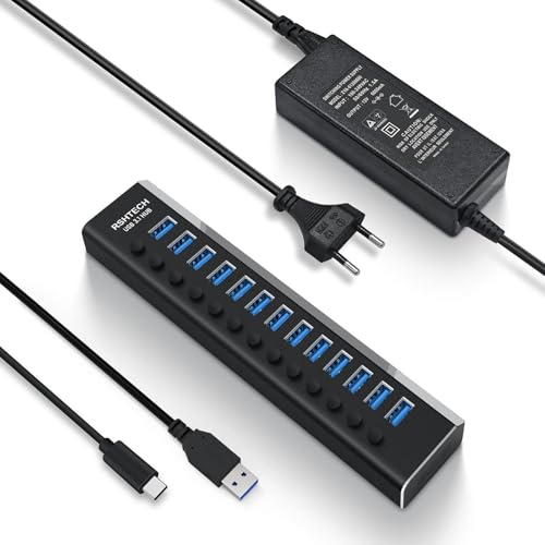 RSHTECH 2.RSH-A13 USB 3.0 Hub 13 Ports, Aluminium Multiport Hub with 12V/6A Power, Over Current and Overvoltage Protection, Independent Switch and Data Cable 10 Gbps