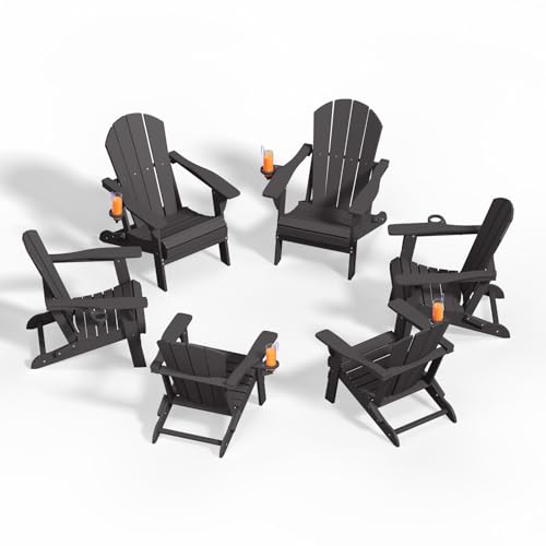 Patio Kingdom Folding Adirondack Chairs with Cup Holders, Set of 6 HDPE Plastic Outdoor Chairs, Weather Resistant, Real Wood Look, Heavy-Duty Patio Furniture for Deck, Fire Pit, Backyard, Black