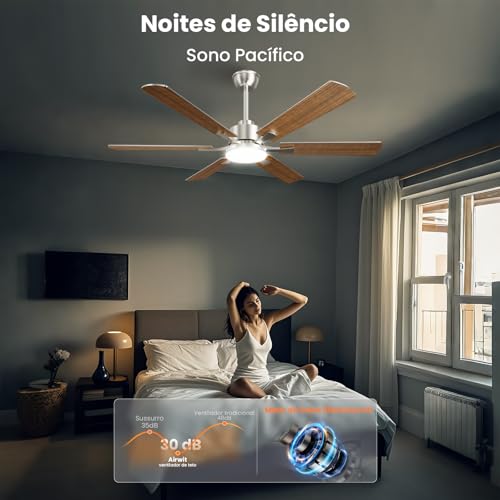 Ventilador de Teto Silencioso com Controle Remoto, 127V/220V, 132.08cm, 3 Cores, 6 Velocidades e Função Reversa
