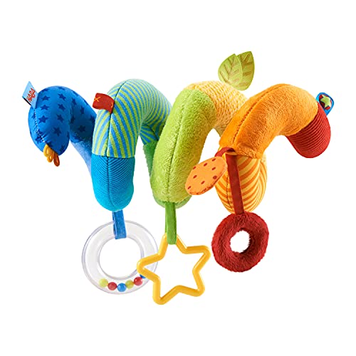 HABA Rainbow Activity Spiral Car Seat Toy and Stroller Toys for Baby 0-6 Months - Colorful Baby Travel Toy with Rattle Teething Element and Sensory Activities