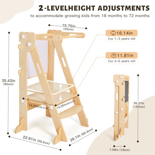 Labebe Learning Tower for Children, 3 in 1 Montessori Foldable Observation Tower, Multifunctional Adjustable Learning Tower with Double-Sided Board from 1 Year (Wood)