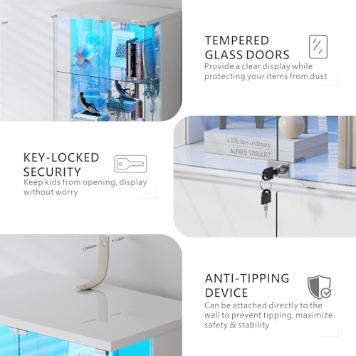 Glass Display Cabinet with Lights, Modern Curio Cabinet Display Cases for Collectibles, Locking Cabinet with Shelves & Drawers, Tall Bookcase with Human Body Sensor for Living Room, White