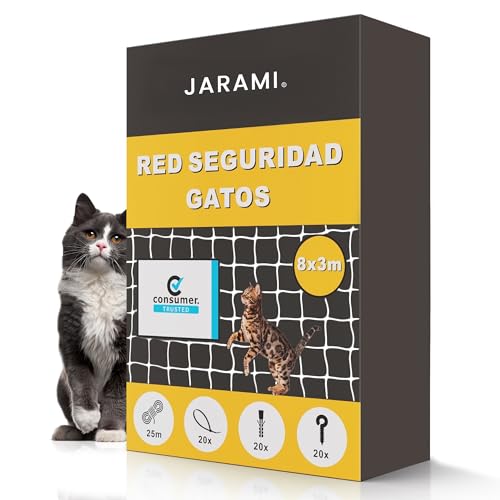 JARAMI - Cat Net Terrace with Accessories Included - Reinforced Cat Net 8 x 3 m - Strong and Durable Mesh for Balcony, Terrace and Window - Balcony Protective Mesh.