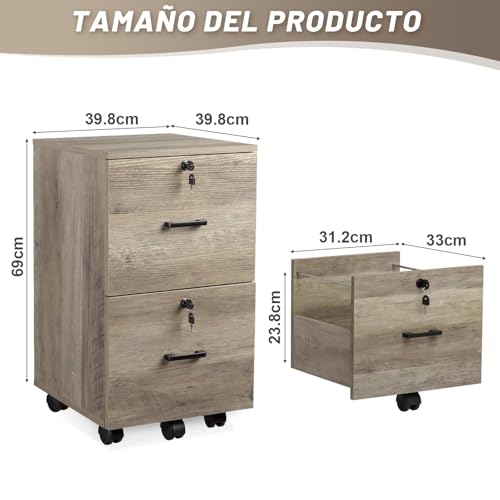Archivador con 2 Cajones, Archivero con 5 Ruedas para Archivos A4 Tamaño Carta, Archivero Organizador Debajo del Escritorio para Oficina en Casa, Archiveros con Cerradura con Soporte para Impresora