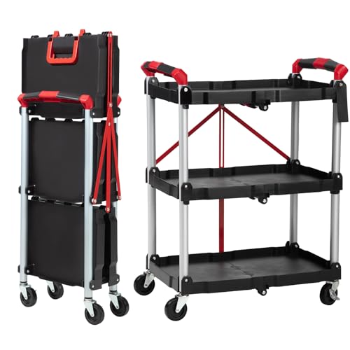 Folding Service Cart, Collapsible Utility with Wheels, 3 Tier Rolling Cart for…