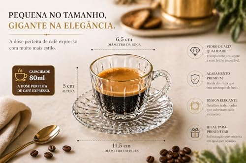 Jogo de Xícaras de Café Expresso com Pires 80ml em Vidro com Borda Dourada – Conjunto com 12 peças Elegantes (80 Millilitros)