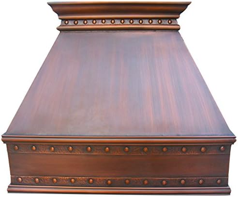 Handcrafted Copper Kitchen Range Hood with High CFM Vent, Stainless Steel Baffle Filter Decorative Strips and Hammered Rivets Wall Mount Antique Copper Finish 48in x 27in Height
