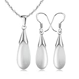 Merdia 925 Sterling Silver Opal Water Drop Pendant Necklace and Earrings Set