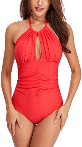 HaoShou Women's One Piece Swimming Costume Halter Ruched Tummy Control Swimsuits Sexy Retro Slimming Swimwear