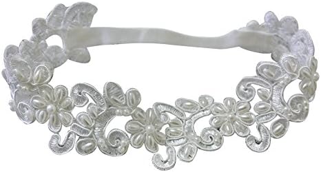 LINA Handmade Satin Elastic Ribbon Christening Princess Pearl Headband (Small / 0-6 months)
