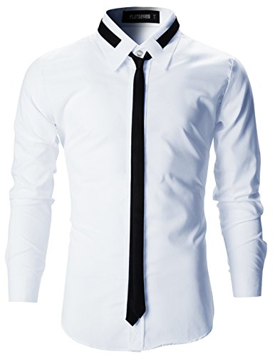 FLATSEVENMens Slim Fit Dress Shirts with Tie (SH107) White, XL