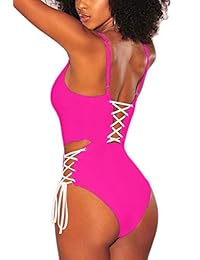 Qinsen traje de baño de una sola pieza con cuello en V sexy con cordones, de talle alto, para dama
