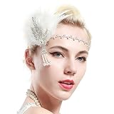 BABEYOND Art Deco 1920's Bridal Headpiece Roaring 20s Flapper Feather Headband with Leaf Medallion Pearl for Great Gatsby Themed Wedding