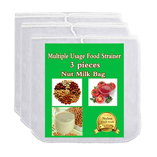 3 Pack-Nut Milk Bag, Multiple Usage Food Strainer, Reusable Food Grade Nylon Mesh Filter for Almond Milk, Soy Milk,Cold Brew Coffee Bag Cheesecloth, Fruit Juice, Yogurt, Vegetable Juice Filter