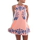 Gillberry Women Sleeveless Retro Vintage Porcelain Print Swing Cocktail Dress (L, Pink)