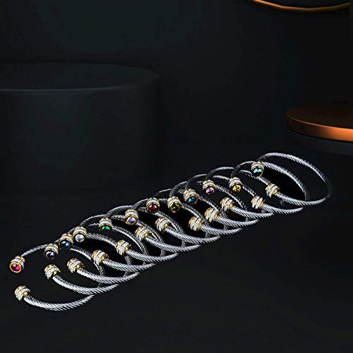 Winhime Birthstone Cable Bangle Bracelets for Women, Stainless Steel Twisted Cable Wire Bracelet for Teen Girls Designer Inspired Cuff Bracelet in Two Tone Silver Gold (Dec-Turquoise)
