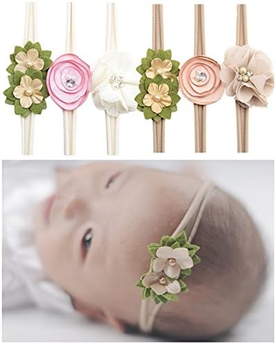 Baby Headbands Rubber Band with Hand Sewing Beads Flower 6 Pack