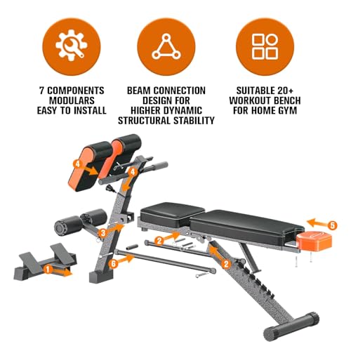 HAMACOUST Three-in-One Weight Bench – Multi-Functional Full Body Workout Equipment[800LBS]: Hyperextension, Roman Chair, Adjustable Sit-Up Bench, Incline & Decline Bench, Flat Bench For Home Gym