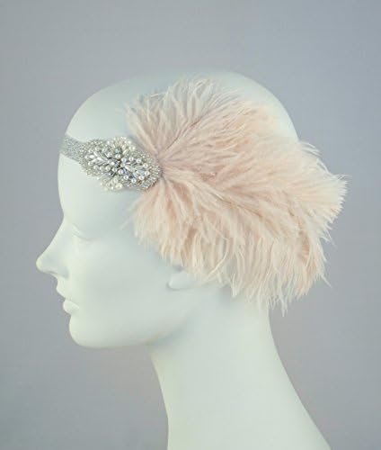 Pearly Girl Flapper Headband Champagne Pink Ostrich Plumes, Pearl &amp; Rhinestone Applique, Stretch Headband, Great Gatsby