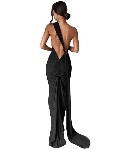 Women's Sexy One Shoulder Backless Maxi Dress Elegant Ruched O Ring Sleeveless Evening Dress Long Gown Cocktail Dresses Wine Red : Clothing, Shoes & Jewelry