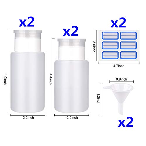 Push Down Pump Dispenser INFILILA Alcohol Acetone Pump Dispenser Bottles 4PCS 2x180ml,2x160ml with 2PCS Bonus Label Sheet&2PCS Funnels Empty Pump Dispenser Bottle Kit For Polish&Makeup Remover,etc