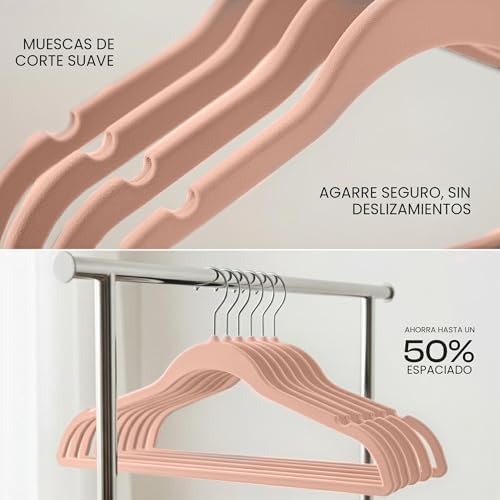 Cabides de veludo antiderrapantes premium, cabides pretos duráveis com gancho giratório de 360 graus Gancho de Serviço Pesado (Rosa, Pack de 50)