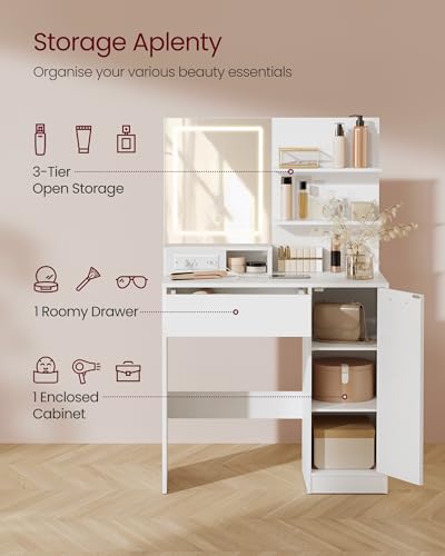 VASAGLE KAILYN Collection - Vanity Desk with LED Lights and Power Outlet, Makeup Vanity Table with Mirror, Modern Makeup Desk, Drawer, 2 Shelves, Cabinet with Adjustable Shelves, White URDT138W02